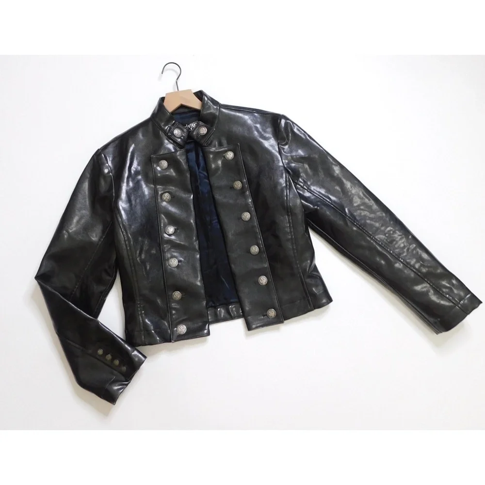 SHRINE OF HOLLYWOOD Faux Leather Jacket‎ Embossed Buttons Vegan Unisex Large